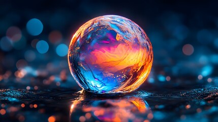 Iridescent soap bubble frozen in time, macro photography, refracting light patterns, rainbow colors, dark background, ultra-high detail, water droplets, abstract art.