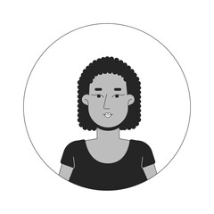 Poster - Black woman with afro curly hair black and white 2D vector avatar illustration. African american female tshirt outline cartoon character face isolated. Casual flat user profile image portrait