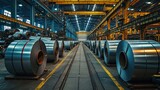 Packed rolls of steel sheets, cold rolled steel coils in factory warehouse.