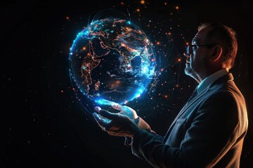 Businessman with glowing earth hologram, dark background, global network, connectivity, tech celebration.