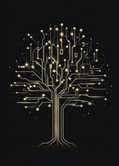Poster - minimalist vector graphic design of an electronic tree with circuit board lines and glowing connecti
