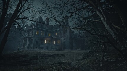 Wall Mural - A large, old house with a steeple sits in a forest. The house is surrounded by trees and has a dark, eerie atmosphere