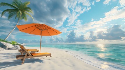 Wall Mural - Tropical beach paradise, orange beach umbrella, wooden lounge chairs, pristine white sand, crystal clear turquoise water, palm tree, blue sky with fluffy white clouds.