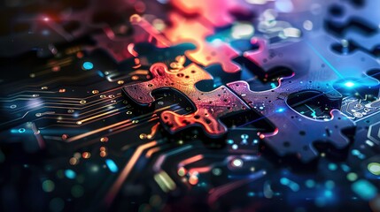 Wall Mural - A close-up image of two interlocking puzzle pieces set against a background of a circuit board, representing the concept of technology and connectivity.