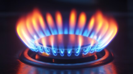 A depiction of a gas stove flame in sharp focus, with blue and orange hues