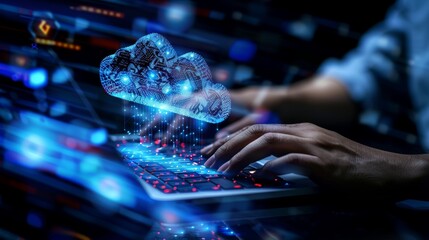 Poster - Hands Typing on Laptop Keyboard Below 3D Cloud Computing Hologram, Technology and Innovation Concept