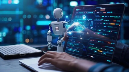 man uses laptop to search smart open artificial intelligence technology or artificial intelligence with artificial intelligence chatbot.
