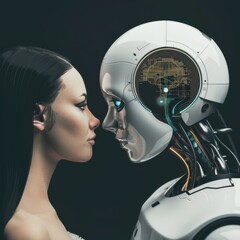 Wall Mural - side view of humanoid head with blue-yellow eyes and bright neon neural network representing futuris