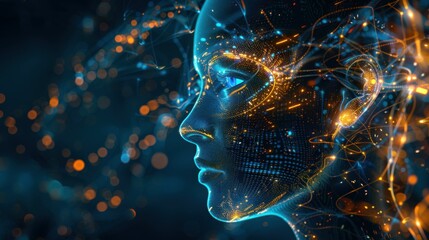 Wall Mural - side view of humanoid head with blue-yellow eyes and bright neon neural network representing futuris