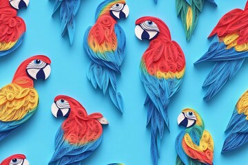 seamless pattern of 3D macaw scarlet bird,  paper quill pattern.	
