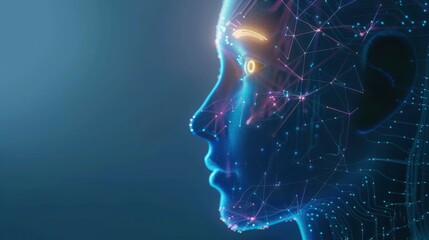 Wall Mural - side view of humanoid head with blue-yellow eyes and bright neon neural network representing futuris