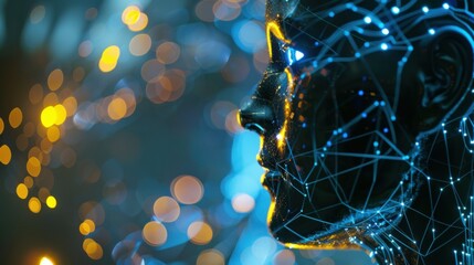 Wall Mural - side view of humanoid head with blue-yellow eyes and bright neon neural network representing futuris