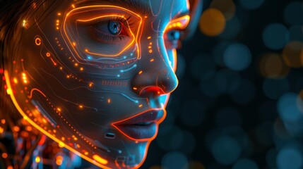 Wall Mural - side view of humanoid head with blue-yellow eyes and bright neon neural network representing futuris