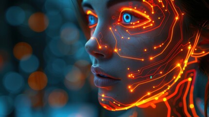Wall Mural - side view of humanoid head with blue-yellow eyes and bright neon neural network representing futuris