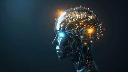 Wall Mural - side view of humanoid head with blue-yellow eyes and bright neon neural network representing futuris