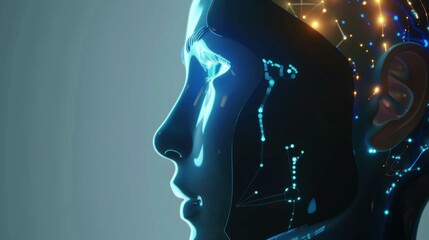 Wall Mural - side view of humanoid head with blue-yellow eyes and bright neon neural network representing futuris