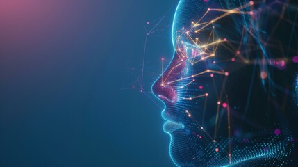 Wall Mural - side view of humanoid head with blue-yellow eyes and bright neon neural network representing futuris