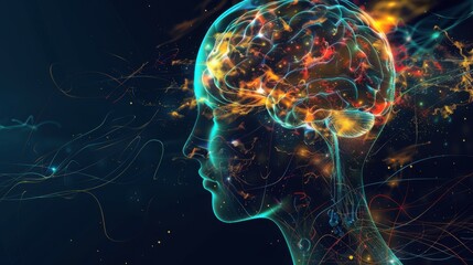 Wall Mural - side view of humanoid head with blue-yellow eyes and bright neon neural network representing futuris