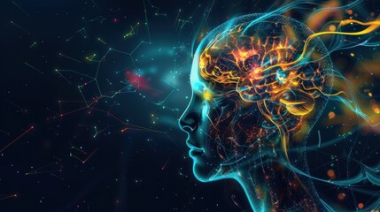 Wall Mural - side view of humanoid head with blue-yellow eyes and bright neon neural network representing futuris