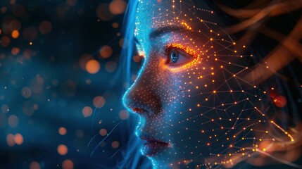 Wall Mural - side view of humanoid head with blue-yellow eyes and bright neon neural network representing futuris