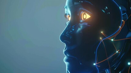 Wall Mural - side view of humanoid head with blue-yellow eyes and bright neon neural network representing futuris