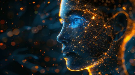 Wall Mural - side view of humanoid head with blue-yellow eyes and bright neon neural network representing futuris