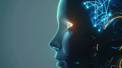 Wall Mural - side view of humanoid head with blue-yellow eyes and bright neon neural network representing futuris