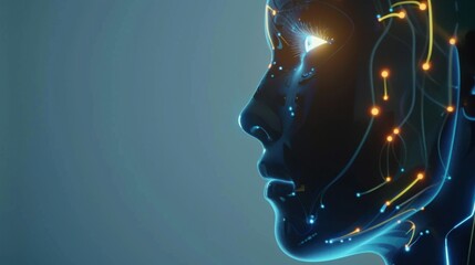 Wall Mural - side view of humanoid head with blue-yellow eyes and bright neon neural network representing futuris