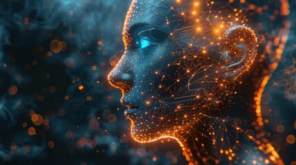 Wall Mural - side view of humanoid head with blue-yellow eyes and bright neon neural network representing futuris