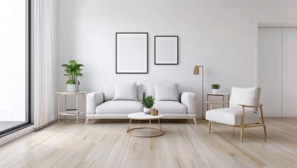 Wall Mural - living room with a large blank frame mockup on the wall, a white sofa and coffee table, soft natural light