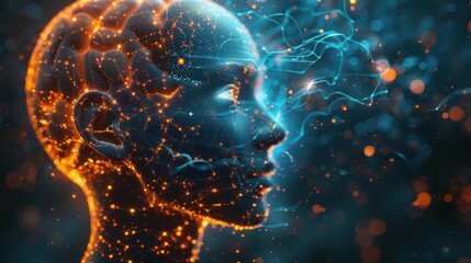 Wall Mural - side view of humanoid head with blue-yellow eyes and bright neon neural network representing futuris