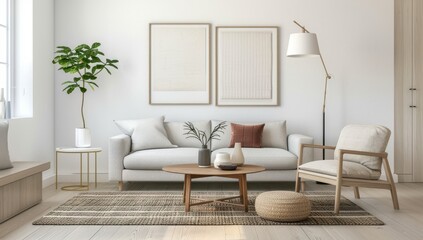 living room with a large blank frame mockup on the wall, a white sofa and coffee table, soft natural light