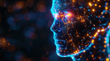 Wall Mural - side view of humanoid head with blue-yellow eyes and bright neon neural network representing futuris