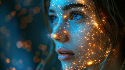 Wall Mural - side view of humanoid head with blue-yellow eyes and bright neon neural network representing futuris