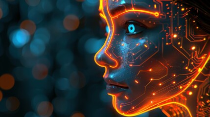 Wall Mural - side view of humanoid head with blue-yellow eyes and bright neon neural network representing futuris