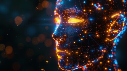 Wall Mural - side view of humanoid head with blue-yellow eyes and bright neon neural network representing futuris