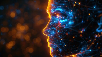 Wall Mural - side view of humanoid head with blue-yellow eyes and bright neon neural network representing futuris