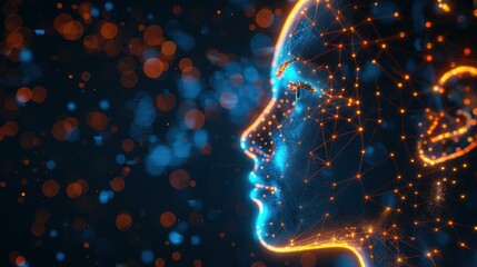 Wall Mural - side view of humanoid head with blue-yellow eyes and bright neon neural network representing futuris