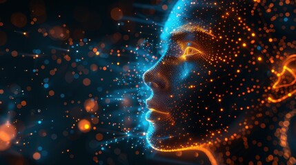 Wall Mural - side view of humanoid head with blue-yellow eyes and bright neon neural network representing futuris