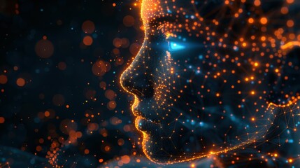 Wall Mural - side view of humanoid head with blue-yellow eyes and bright neon neural network representing futuris
