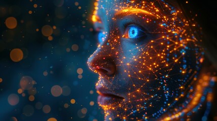 Wall Mural - side view of humanoid head with blue-yellow eyes and bright neon neural network representing futuris