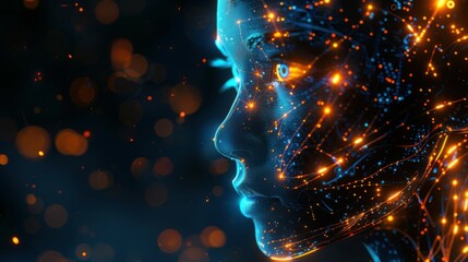 Wall Mural - side view of humanoid head with blue-yellow eyes and bright neon neural network representing futuris