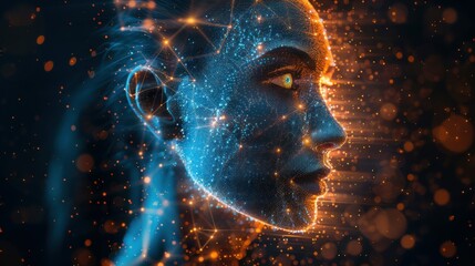 Wall Mural - side view of humanoid head with blue-yellow eyes and bright neon neural network representing futuris