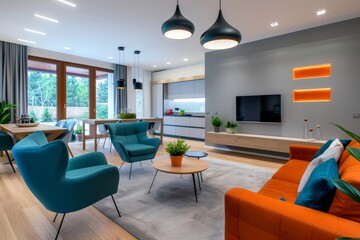 Wall Mural - Designing the living room with an orange and blue color scheme, with furniture ranging from teal chairs