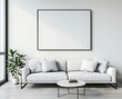 © EF Studio - living room with a large blank frame mockup on the wall, a white sofa and coffee table, soft natural light