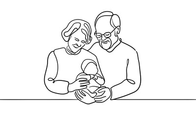 Wall Mural - Grandparents together with newborn continuous line art drawing isolated on white background. Love line art drawing. Vector illustration