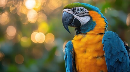 vibrant closeup portrait of a majestic macaw parrot striking blue and gold plumage intelligent eyes and curved beak captured in exquisite detail against a lush blurred tropical background