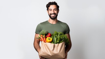 a smiling young man holding a grocery bag filled with vegetables, standing and isolated on a white background,generative ai