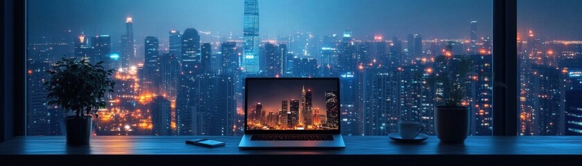 Wall Mural - Modern workspace with a laptop in front of a stunning cityscape view at night, showcasing urban skyline and technology.