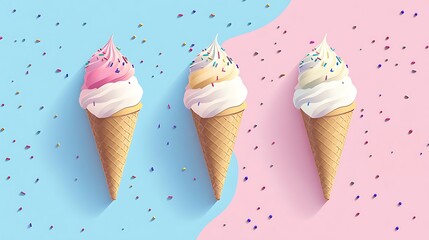 Wall Mural - Sweet Treats Galore - Colorful Isometric Ice Cream Cones with Waves and Sprinkles on Pastel Background